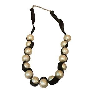 Ribbon style faux pearl and black ribbon necklace
